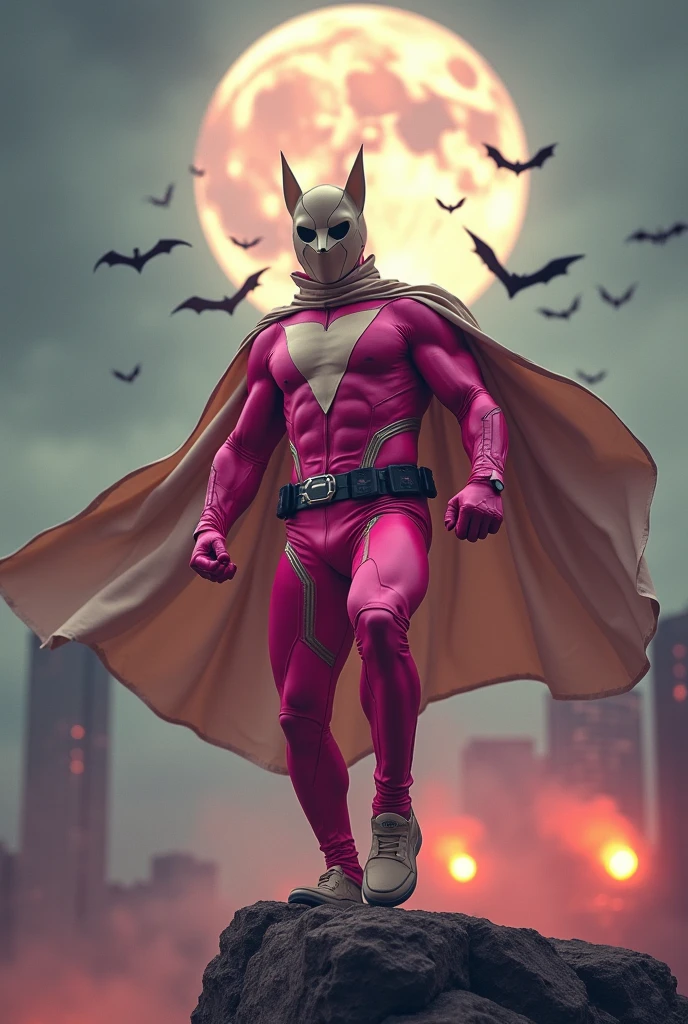 Malaysia man in high-tech suit, vivid effects, malaysian superhero(( (KELUANG MAN)) in a striking pink and brown beige costume cyberpunk design((, mask small mini bat ear beige,)) daredevil beige mask, jumpsuit dark pink stands confidently in a dramatic.jumping from high place.hero costume.one hand rise up. (Big triangle logo on the chest.high detail Punisher logo on the chest)). jumping from hight place. Fighting pose , stormy landscape. ((Head covered node guard like batman. Running pose , athletic body type, small mini ear bat mask))The character wears domino mask a helmet with pointed mini torn ears and a flowing cape biege, open nose and mouth. Equipped with visible futuristic weapons on a belt,bullet proof jacket pink dark day.show fingers pose, dark night, big supermoon effect . Small logo on chest triangle shape small ((mitch gerads punisher ))logo center triangle cyber logo center on chest pink logo mini logo Casey Jones mask on the logo on chest. )). rocky. Building top.smoke ground , bomb effect background, losse pants, losses costume.adding to --ar 3:4 --style raw --stylize 500 --v 6.1. chaos. Lot of small flying bat. Hand glove. One leg on the high stone. Man. Backpack . Real man age 40 year old. One hand holding belt. Jump from high place. Open cape.two hand holding pistol.