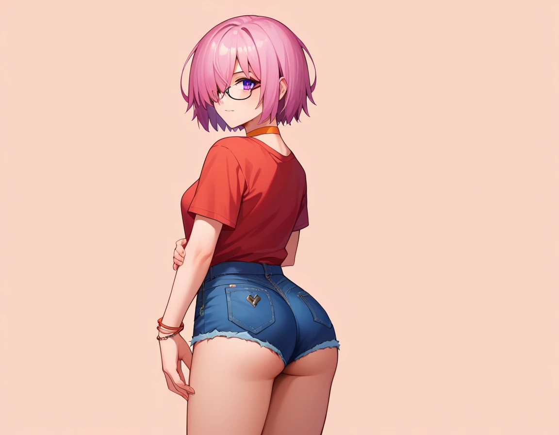 score_9, score_8_up, score_7_up, score_6_up, source_anime, mash kyrielight, short hair, purple eyes, pink hair, hair over one eye, glasses, 1girl, solo, Red T-shirt, orange choker, artisan bracelets, denim shorts, looking over the shoulder, ass, bubblebutt, wide hips, sensual pose, ambient soft lighting, 4k, perfect eyes, a perfect face, perfect lighting, the background is in the street, night club