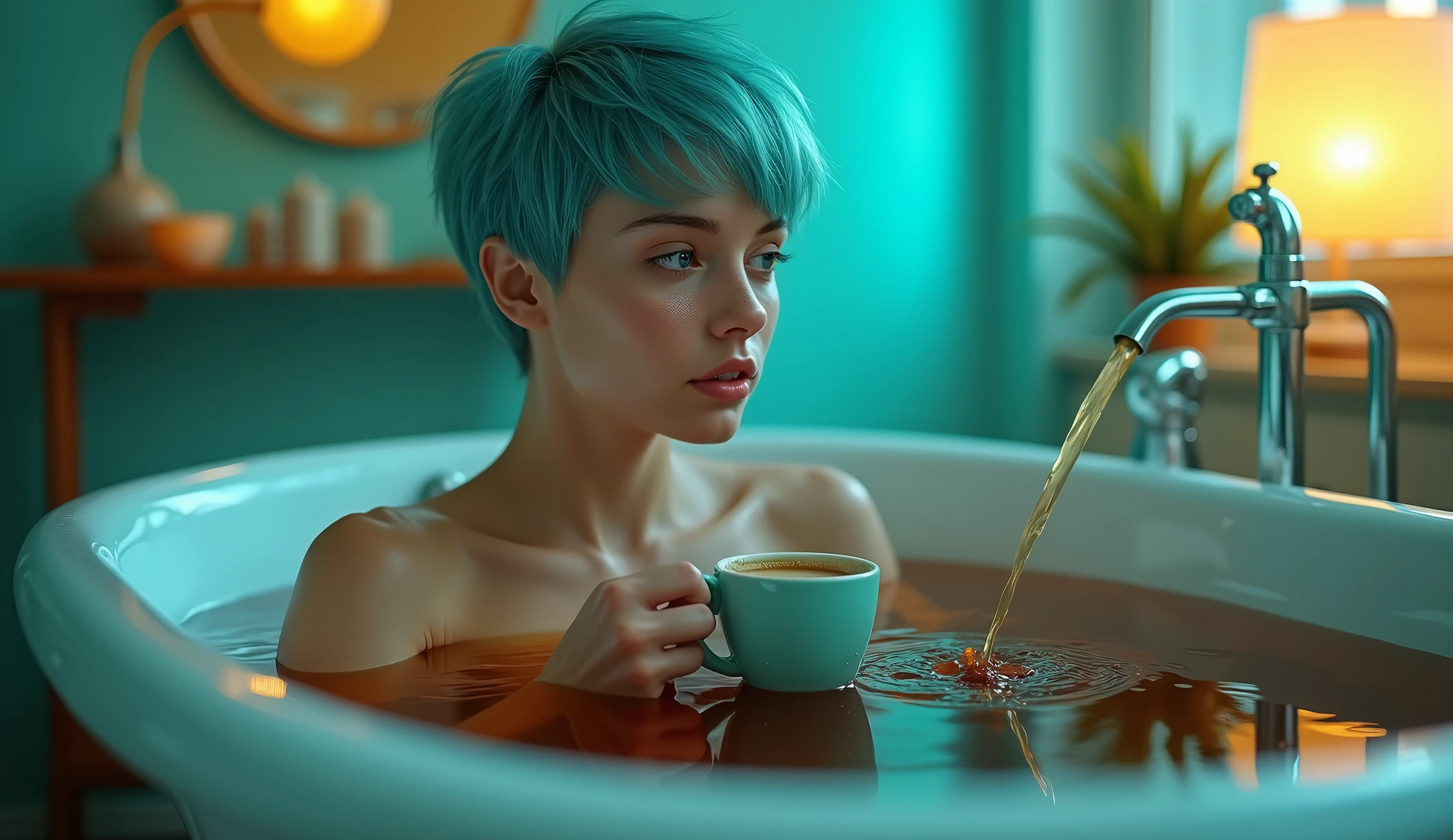 Woman 20 Years Old Nordic Ethnicity, short blue hair with a perfect face and light freckles, Blue-Green Eyes, an album cover, showing her bathing in a bathing tub full of coffee, with a coffee machine nearby, pouring even more coffee in the tub by a coffee cup hold in her hand, ((Color palette - turquoise, neon green, yellow shades))