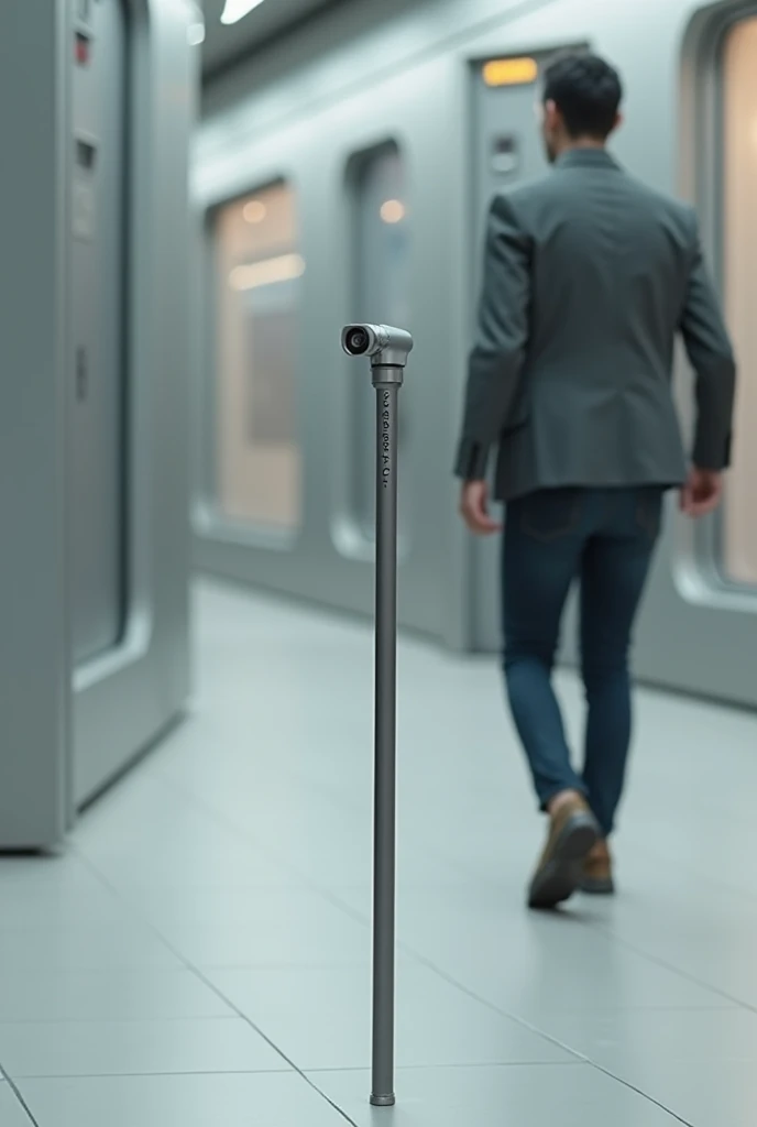 Create me a 3D prototype about a design lightweight straight stick design for blind person in a technologilize style.