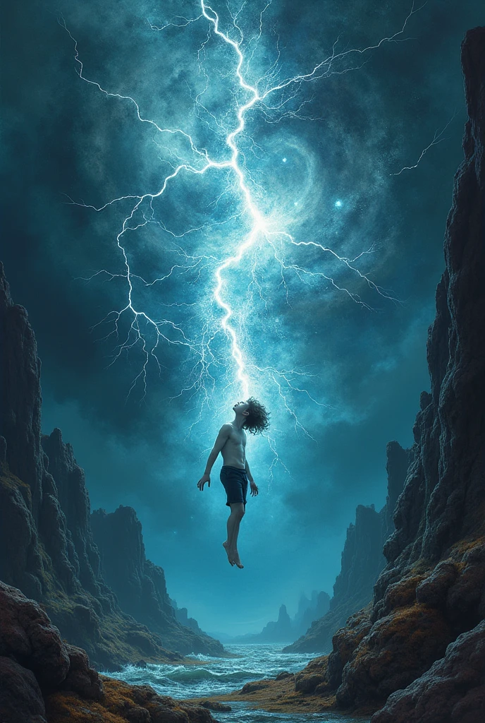 mythological shapeshifting Dark galaxy Thunders and dark galaxy like background and a pale as white age boy is floating mid air in a falling position while getting electrocuted in a dark galaxy background, author:Zdzislaw Beksinski和Van Gogh, album covers, dark, surrealism, Futuristic , Heavy Metal, liquid, coral, abstracted, Dark, Blue, Cyan, Green, Dark, faded, landscape