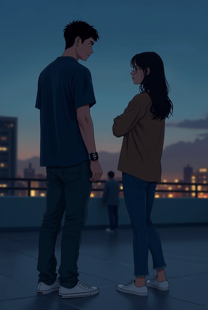 On the rooftop at night, a young man wearing a dark blue shirt, jeans, white shoes and a smartwatch watches his girlfriend walk away with her hand crossed; the girl is wearing a brown top, jeans and glasses
