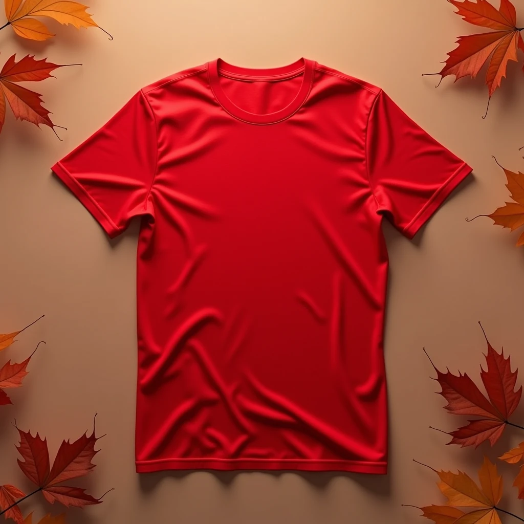 a red t-shirt mockup, flat lay, fall season, minimal, autumn background, studio lighting, (best quality,4k,8k,highres,masterpiece:1.2),ultra-detailed,(realistic,photorealistic,photo-realistic:1.37),extremely detailed