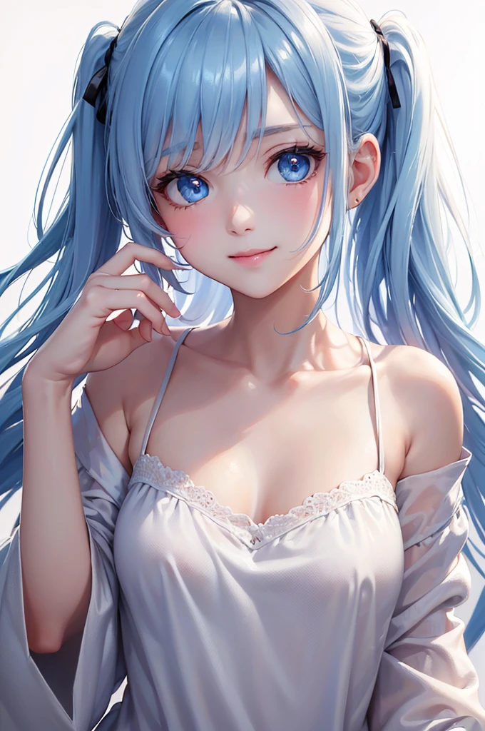 Best Quality,High resolution,8k,(plain white background, no patterns, no textures, just a plain white background:1.3),Masterpiece:1.2),beautiful girl,(focus face),Shiny light blue hair,messy hair,Beautiful light blue eyes,Cute black pajamas,Gentle look,A refreshing look,smile,Best quality,Best Quality,Aesthetic and aesthetic:1.2,Best details((Super detailed))(High-definition CG illustrations),Slender body,smile,blush,cute,Scrounge,Looking up,Being spoiled,super model