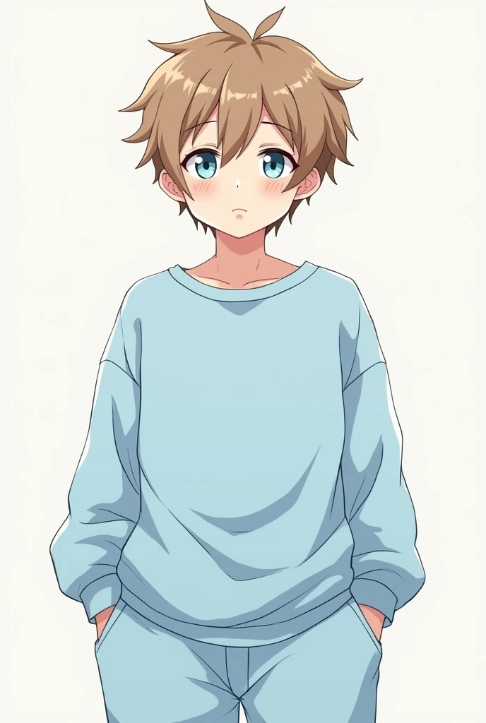 A young man of average height, with light brown hair, soft and shaggy, that never seem to be combed properly. He has bangs that partially cover his eyes., which are large and pale blue, always with a sleepy expression. Your skin is clear, and he has a constantly carefree air, almost as if I were one step away from falling asleep. He wears a sweatshirt that is too big for his body., pastel blue in color, and comfortable pajama pants, Simple Tennis. Your eyes often have slight dark circles, which contributes to its cute, sleepy look. Danganronpa style fassa.