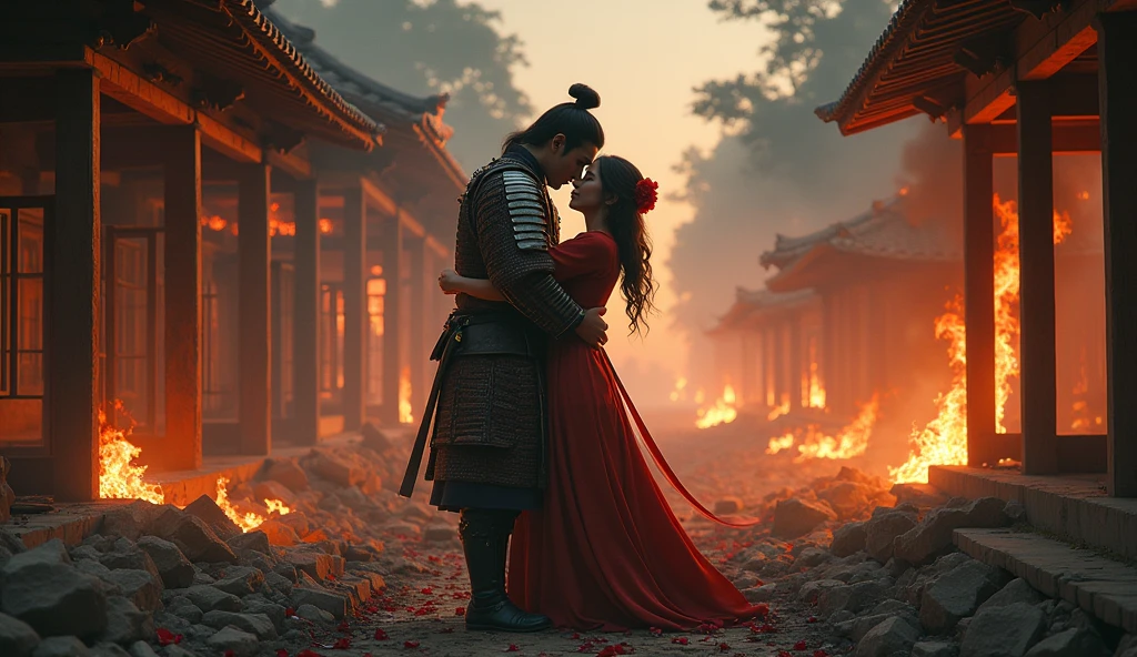 1890; (masterpiece, best quality) destroyed city roses on the floor(Villa in Tokyo); flowers on the ground; 1Samurai soldier kissing his wife(close-up); fire around.