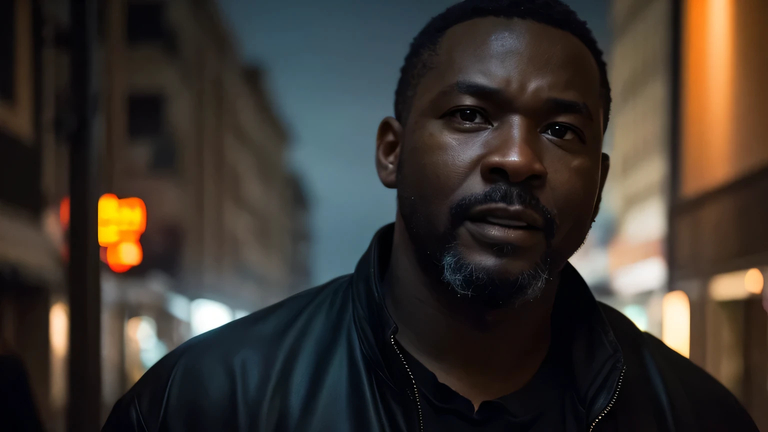 A happy black father, wearing dark poor clothes, standing on the street scared, detailed facial features, close up portrait, warm lighting, dramatic cinematic atmosphere, realistic, photorealistic, HDR, 8k, highly detailed, sharp focus, physically based rendering, professional, vivid colors, cinematic lighting, dramatic shadows