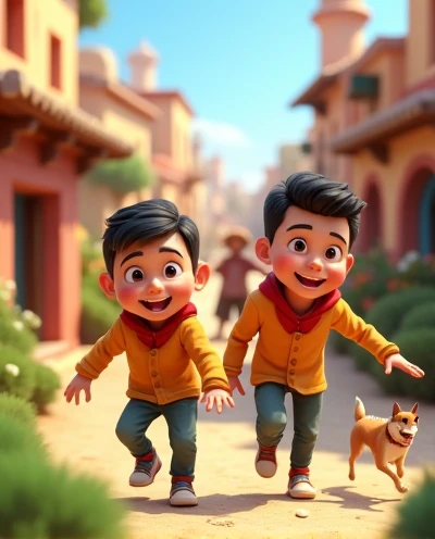 "Illustrate a short story about two brothers, Ali and Hasan, living in a village.cartoon 3d image