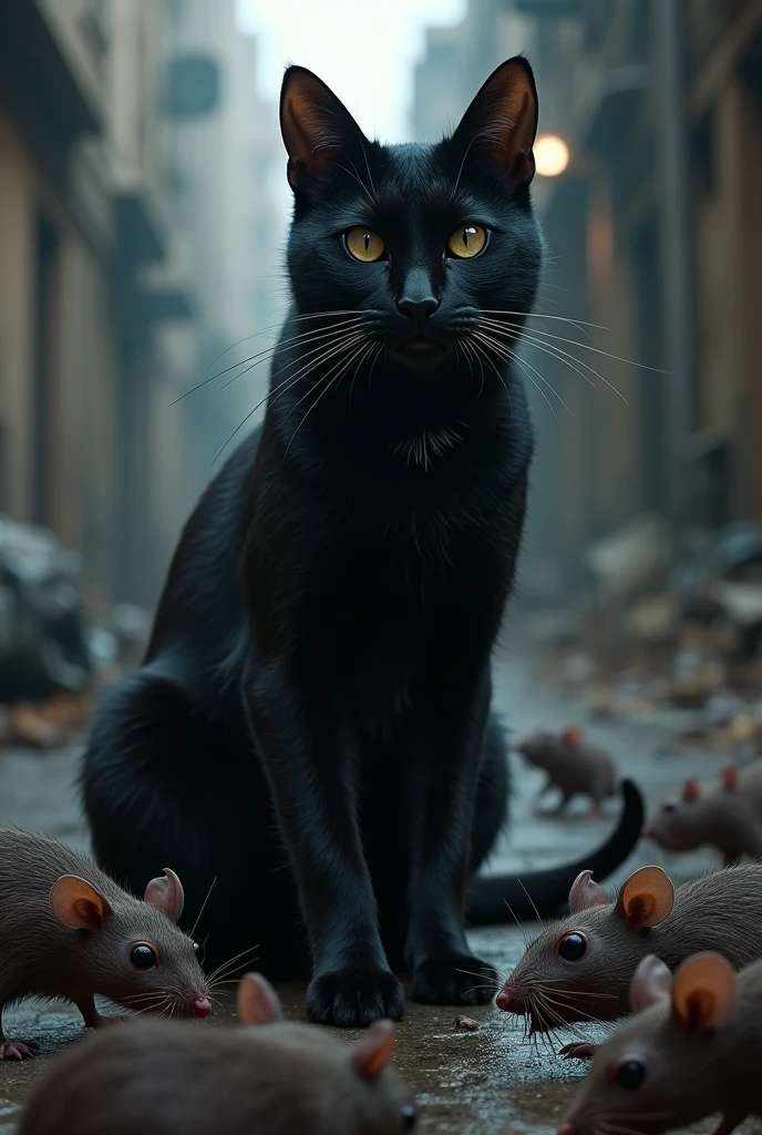 A black cat queen dominating ugly rats