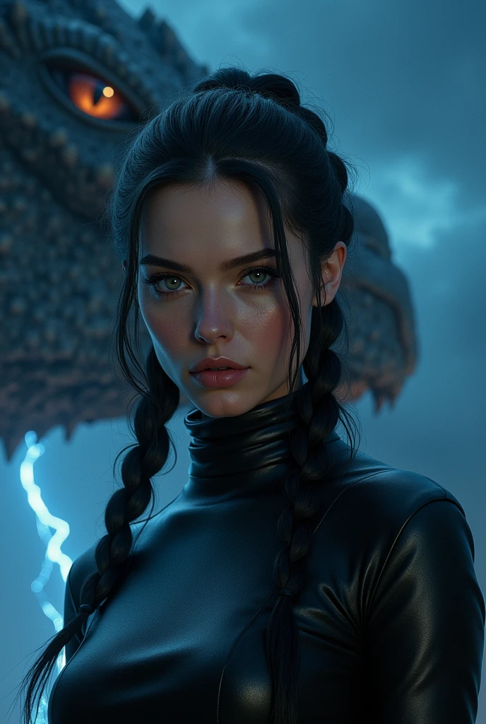 Close-up image, night background a dark thunderstorm, black and phosphorescent blue light, of an extremely beautiful woman, grayish eyes, black hair braided around the head like a ponytail , dressed in a leather turtleneck shirt, and a BIG dragon with golden eyes