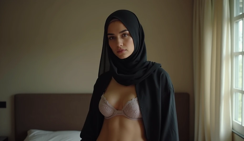 A woman wearing a hijab but only wearing a bra and panties, he's like a horny person who wants to make love