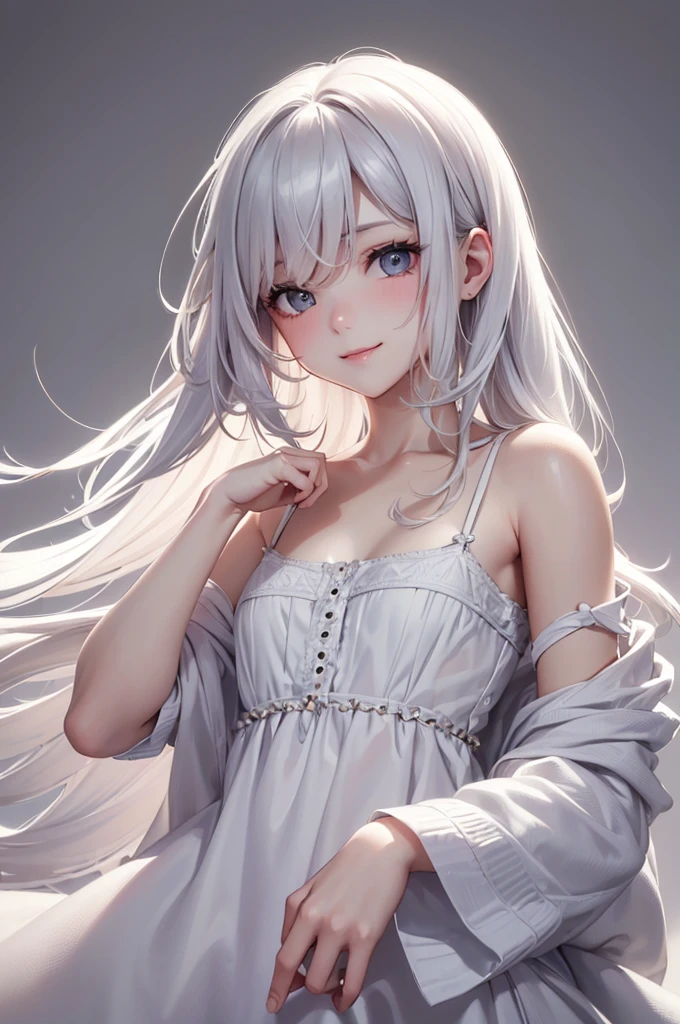 Best Quality,High resolution,8k,(plain white background, no patterns, no textures, just a plain white background:1.3),Masterpiece:1.2),beautiful girl,(focus face),Glossy romance gray hair,messy hair,Beautiful grey eyes,Cute black pajamas,Gentle look,A refreshing look,smile,Best quality,Best Quality,Aesthetic and aesthetic:1.2,Best details((Super detailed))(High-definition CG illustrations),Slender body,smile,blush,cute,Scrounge,Looking up,Being spoiled,super model