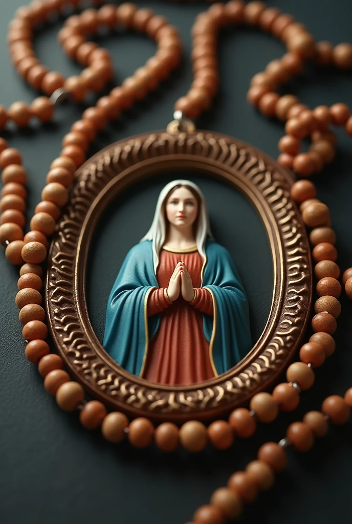 Open Catholic rosary with image of Our Lady in the middle