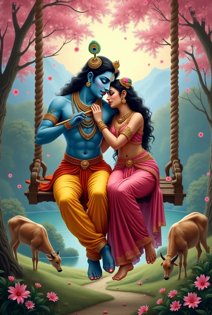 Shree krishna and Radha sitting in a swing and peacock feather in krishna head and playing flute and Radha kept her head on his shoulder.and cow deer around.pink blossom flower falling in blossom jungle.near a river mountain