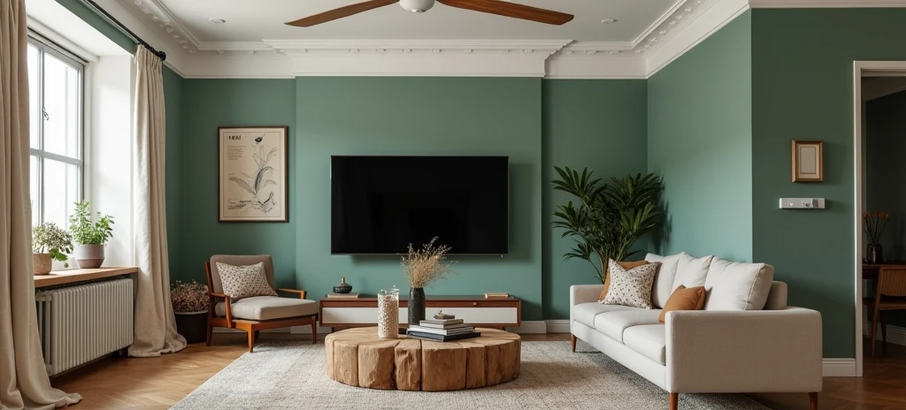 Create drawing room with plain green wall, showing two wall view. Put given prompt (L shape) sofa on the corner.