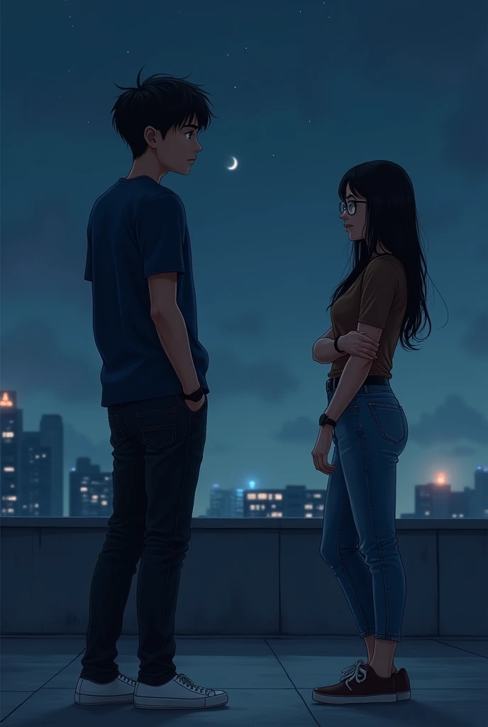 On the rooftop at night, a young man wearing a dark blue shirt, jeans, white shoes and a smartwatch watches his girlfriend walk away with her hand crossed; the girl is wearing a brown top, jeans and glasses