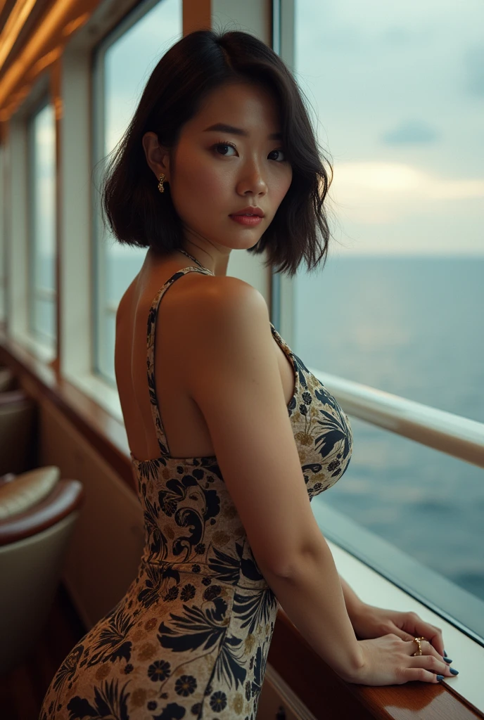 1, big breasts, wearing a dress, bob haircut, on a cruise ship, self-taken photo, Japanese, real, looking slightly diagonally