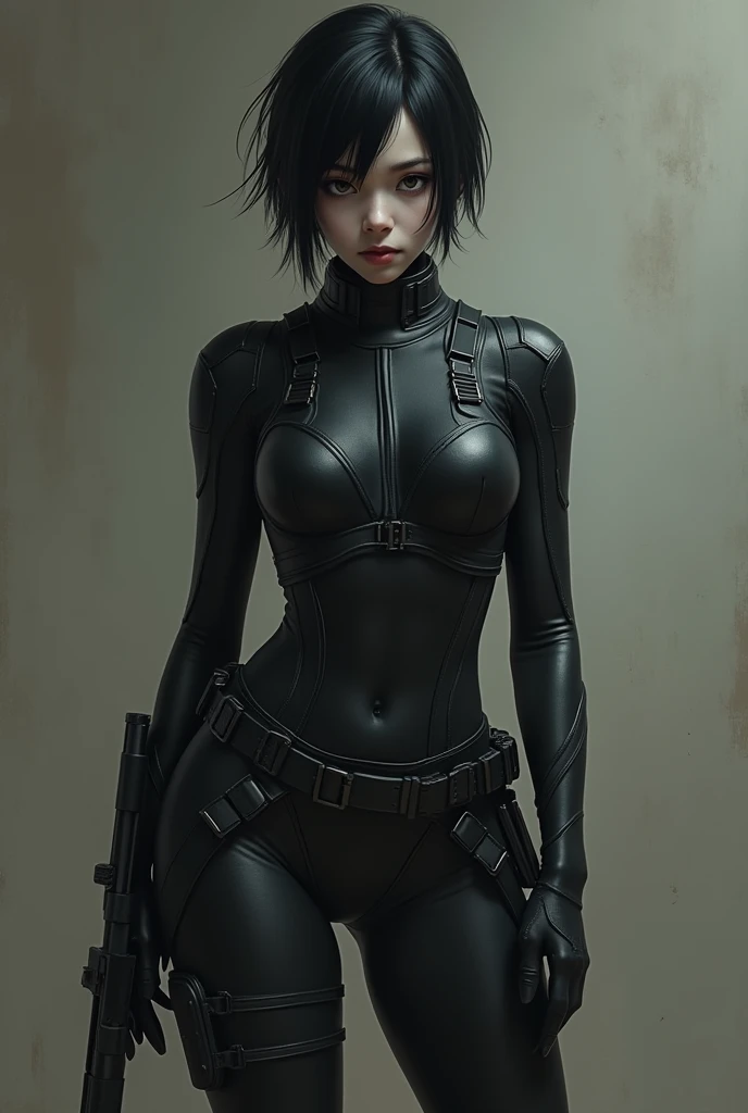 (1 woman) delgado (slender) body, (black fur, short hair, hits) (White skin) cara occidental, dark circles, sad face, tired and fallen, thin hips, delgado thighs, thin nose, ((Best Quality )), ((ultra resolution) ), ((photorealistic: 1.4)), (Complex details), (CLOTHES: black CLOTHES, Superhero costume, tactical suit), Delgado waist.