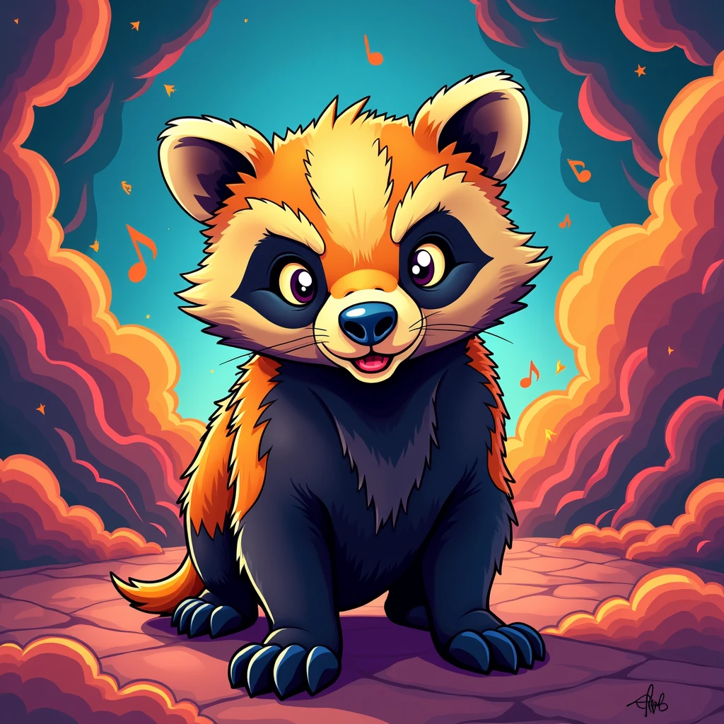 Create a Catoon music art cover with a cute, strong and aggressive honey badger 
