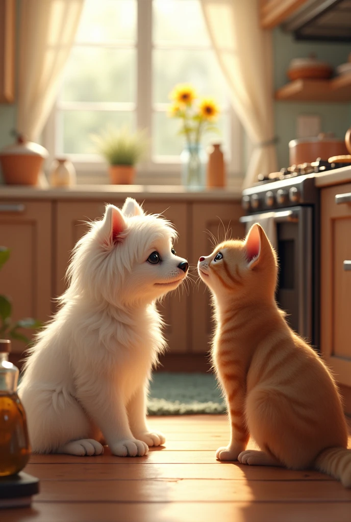 A white Maltese dog asks for cookies from his mother who is cooking them on the stove , There is sunflower oil nearby, a on all fours also asks for cookies