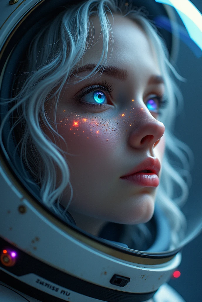 (Close-up of a better masterpiece:1.5)0.9], (Space and astronauts:1.2) (Messy silver hair:1.1) (Heterochromia xanthochromia and blue eyes:1.2) (Space Helmet:1.0) (Colored stars in the eyes:1.0) (A radiant glow:1.1) (thick lips:0.9)