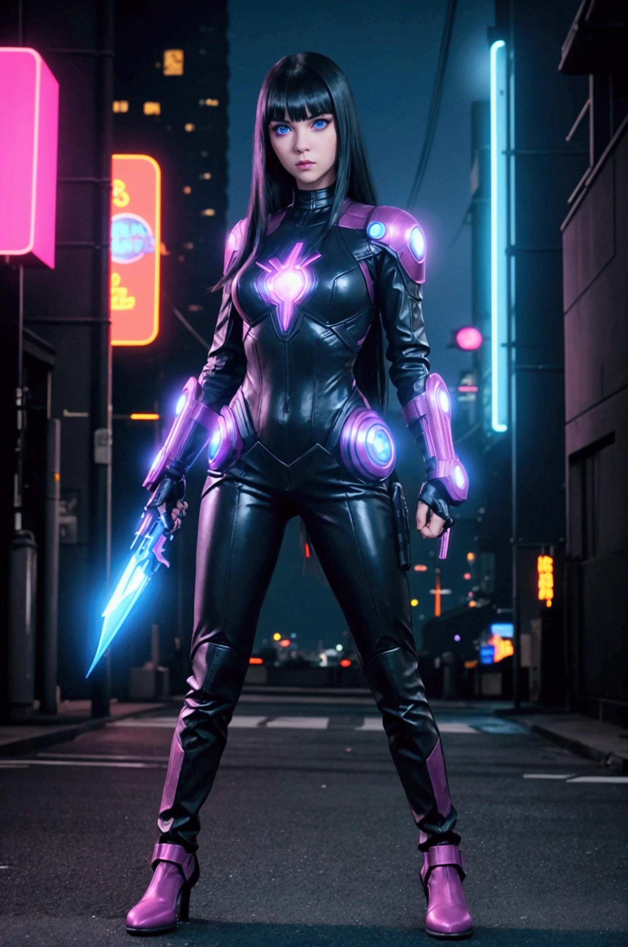 Realistic 4k full body portrait, slim 18s girl, long straight black hair, long bangs. The girl is an Avenger, she has a superheroine leather suit. She has weapons in both hands. Her face is cute and she has big blue eyes. The background is a very realistic night Cyberpunk city with lots of magenta and blue bright neon signs.