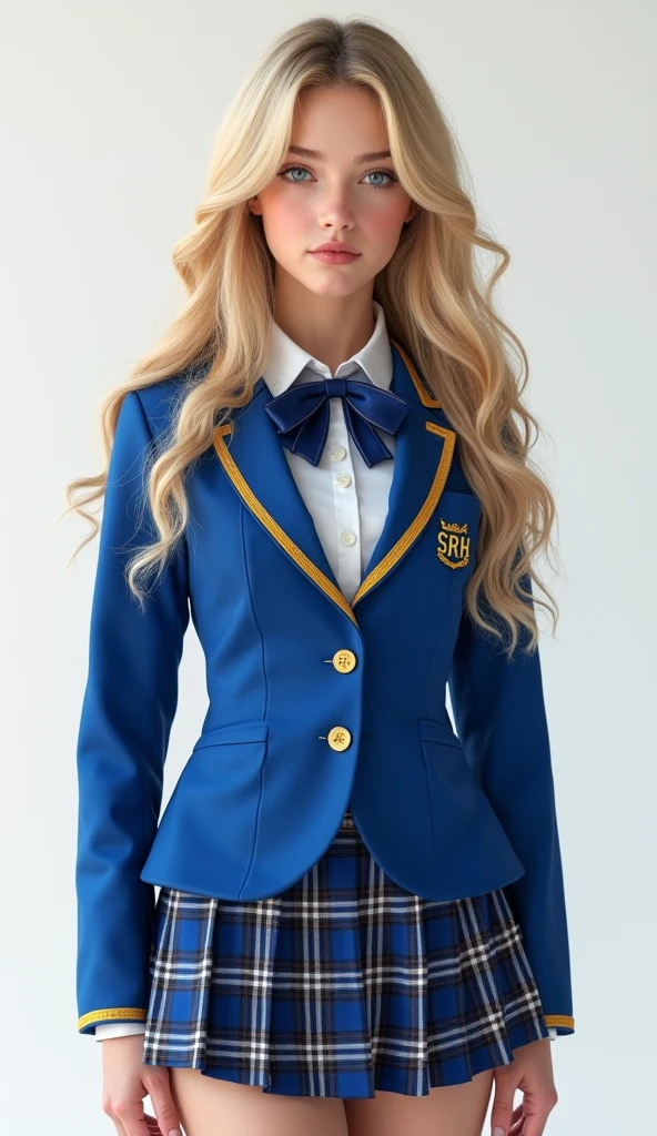 1 Girl,full body shot (1.3),close up face shot (1.3), face shot, corridor,Soft Light, Russian Beauty,Tight Fit,uniform,Light-haired,long hair,
white background, gorgeous American-Russian girl, doll face, with thick and long wavy pale golden blonde hair, big and large dolly angel blue bright eyes, long and thick curly golden blonde eyelashes, button upturned nose, high nose bridge, fullest and plumpest pouty rosy red luscious lips, oval and heart face shape mix, shorter face, shorter chin, defined jawline, tiny face size, a pale brown mole under the left eye, pale milky white traslucent perfect skin, whitening skin, hourglass shaped body, tiny and narrow waist, rounded hips, long and slender beautiful legs, big perfect brests (1.4), large breasts, bust size 84 cm, waist 57 cm, hips 86 cm, bra size 34 D, tall at 5’8, full body image, realistic, photorealistic, ultradetailed, skin texture, hyperealismHigh Resolution, Closed Mouth, highly detailed, high resolution 8K, wearing a tight fit school uniform with a royal blue jacket, a white shirt, a royal blue and golden ribbon in the collar of her shirt, a royal blue and golden plaid short skirt, the hemblem of the school a crown with the letters in capital SRH sewed in the jacket, highliting her horglass body, 16-years-old