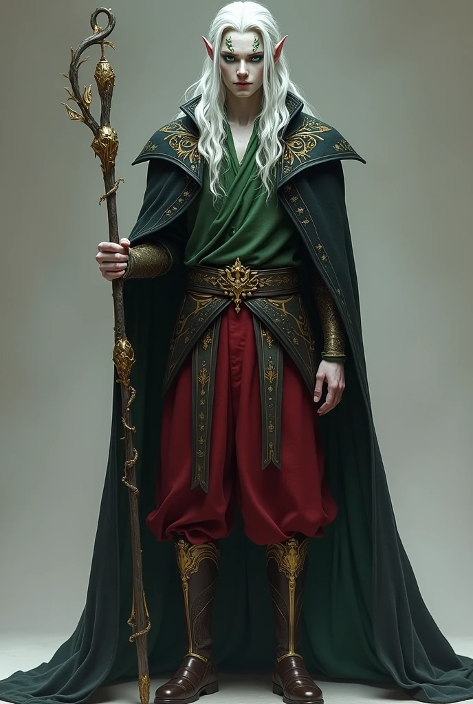 race: High Elf Man Long, snow-white hair Heterochromatic eyes - one emerald green and one ocean blue White skin, with golden markings on his face symbolizing his royal lineage Height: 1,92m
Peso: Approximately 99kg Well defined body due to long training Age: 25 Years Clothing:
- Blouse: Moss Green - Night Black Overcoat, with stellar details, going up to the knee - Belt: For the staff - Pants: Red Color - Boots: Dark gold and brown details, up to the knees