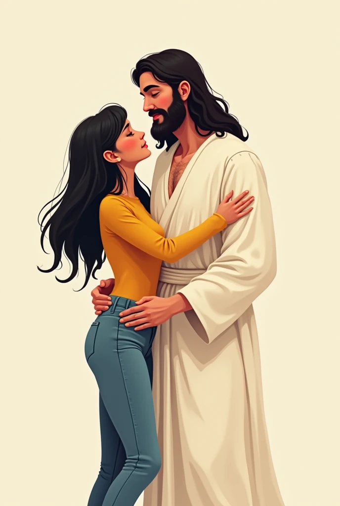 Create a cartoon of a woman with long black hair, Round face, round nose with a mustard-colored blouse and jeans standing hugging Jesus Christ, the clothes of Jesus Christ are white