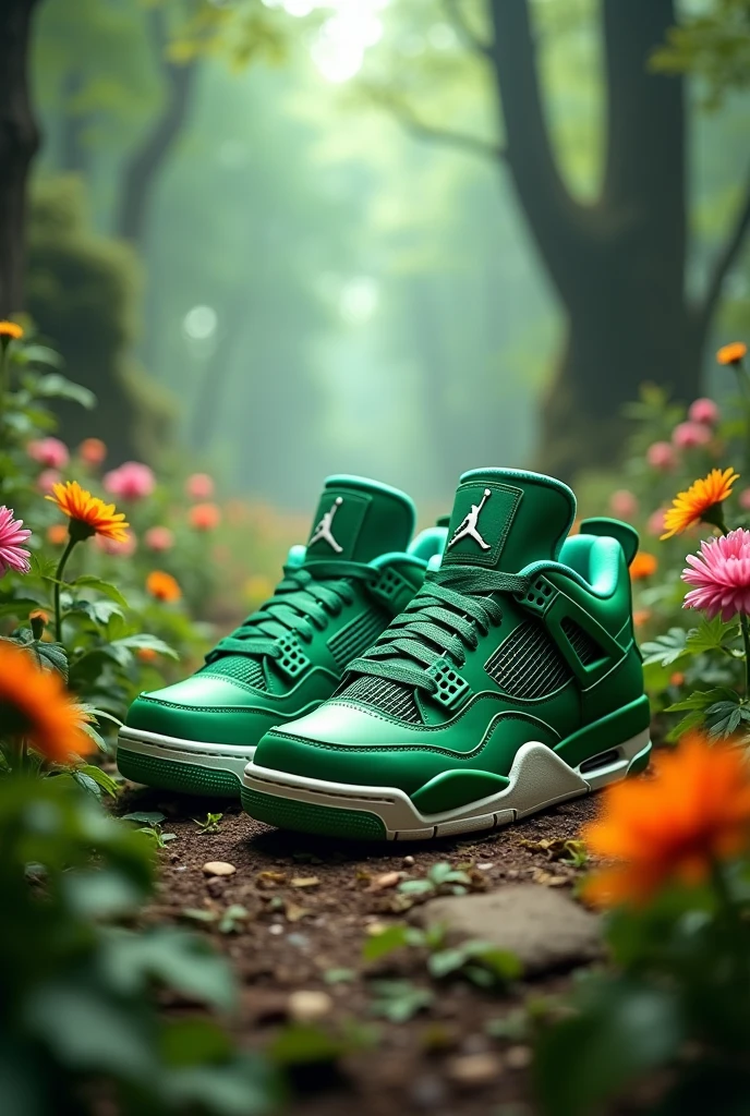 nike air jordan 4 sneakers with green plants and flowers in the middle of an enchanted forest, with a streetwear style background, ultra detailed, realistic, --ar 4:5 --v 6.1 cor do tenis verde