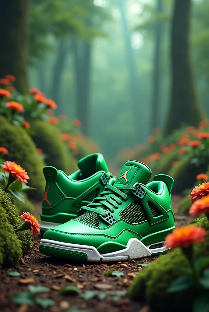 nike air jordan 4 sneakers with green plants and flowers in the middle of an enchanted forest, with a streetwear style background, ultra detailed, realistic, --ar 4:5 --v 6.1 cor do tenis verde