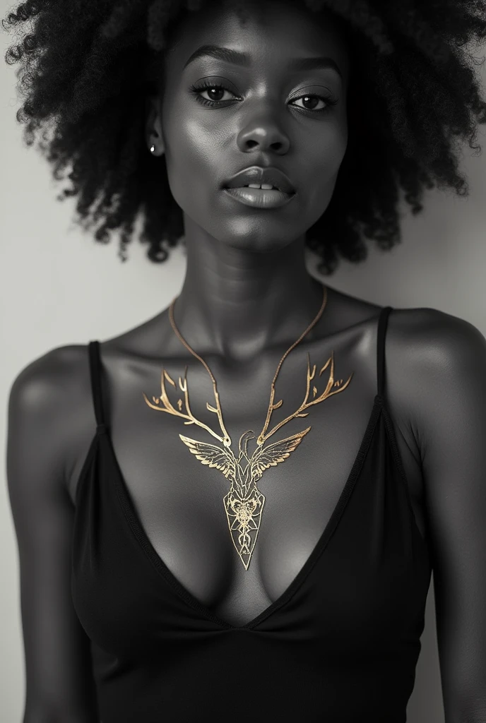 Create a tattoo on a black woman&#39;s chest that reflects her African roots, resilience, Kintsugi and a woman who, despite her horrible childhood, moves forward, just black and white colors and shadows and cute tattoo 