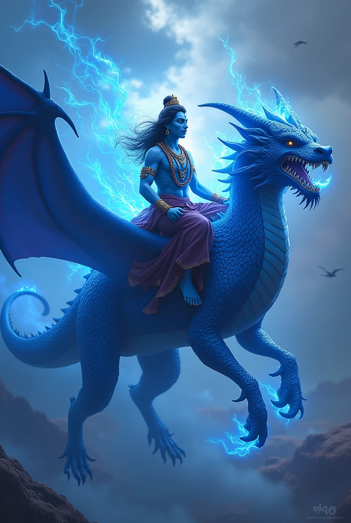 Shiva God Riding a blue flaming dragon 