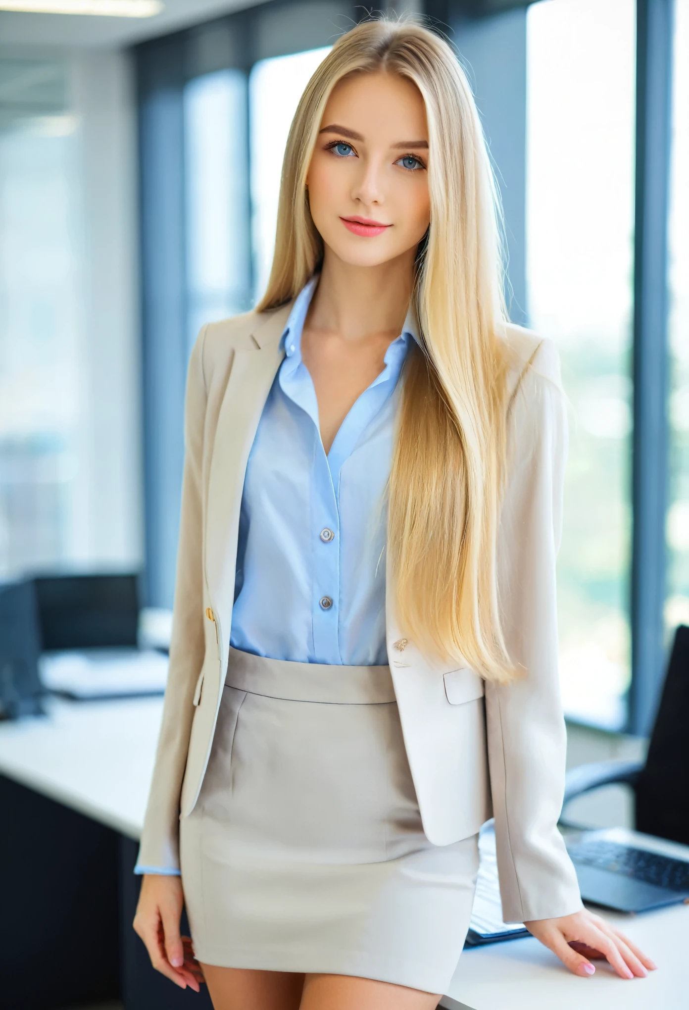very beautiful woman, perfect face, long blonde hair, Suit, mini skirt, secretary, blurred background, in the Office