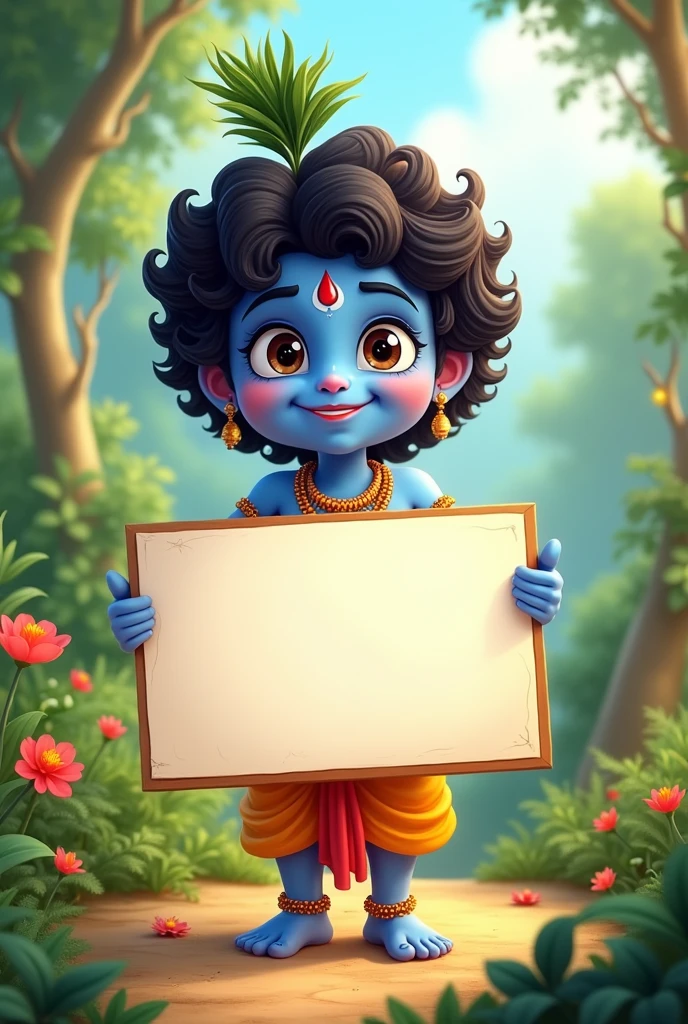 A cartoon Little Krishna With a blank poster