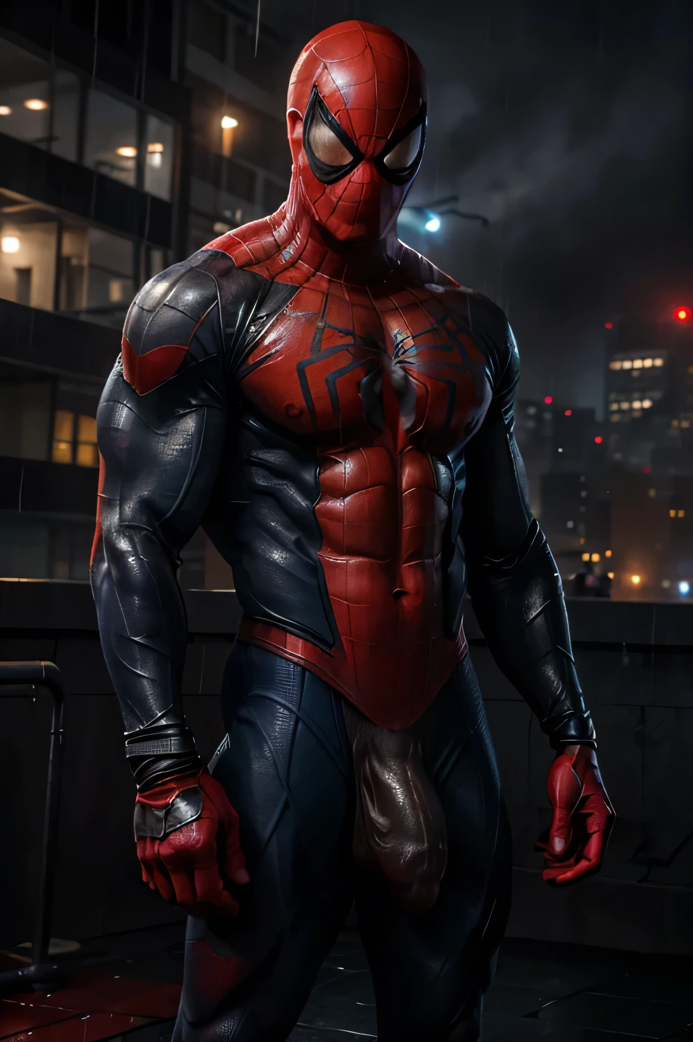 A shirtless Spider-Man, standing alone on a rooftop in New York City at night, the rain pouring down on his muscular, wet body. He looks sad and despondent, his mask still on his face. The buildings in the background loom tall, creating a moody, atmospheric scene. Despite his superhero persona, he appears vulnerable and exposed, his beautiful penis visible for all to see.