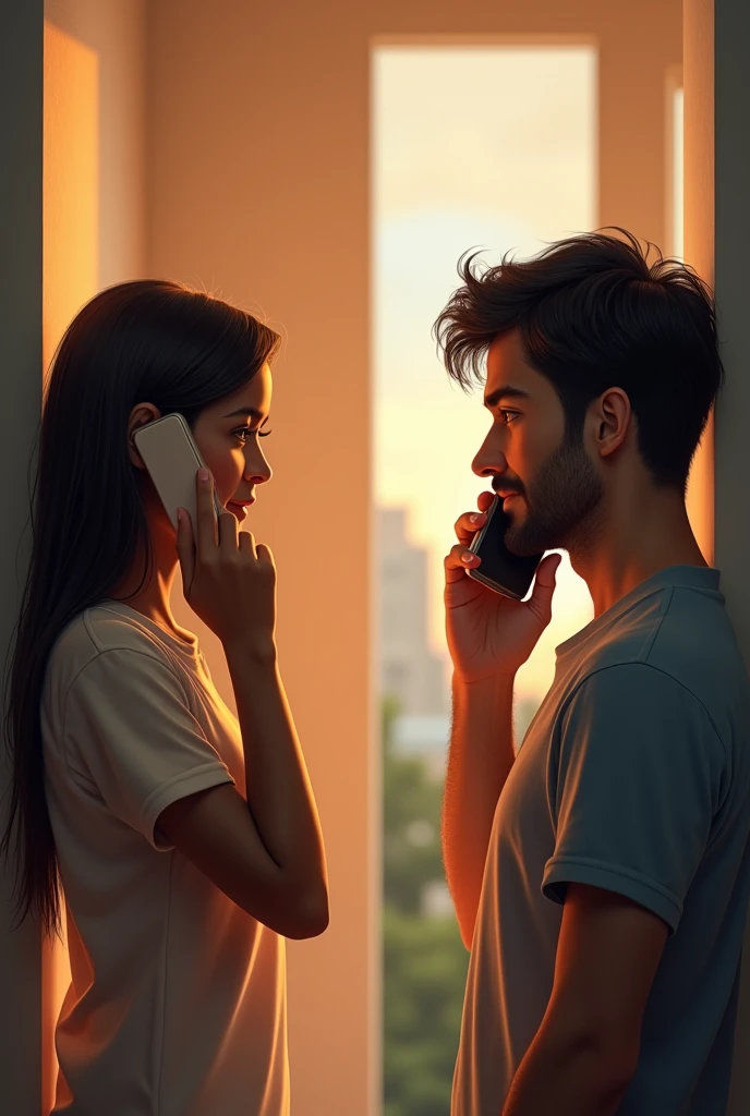 Create an image that on the right has a middle-aged man talking in love on the phone, with black hair and casual clothes, then separated from the left by a wall, who are not looking at each other, and on the left there is a young, friendly, brown skin, also speaking. by phone.
