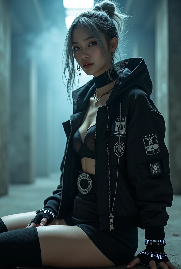 (nsfw:1.4), masterpiece, Best Quality, Realistic, A mysterious and sophisticated beautiful model, identity hidden, all body shot, with blue eyes wears futuristic and sexy fashion art. 18-years-old, beautiful and sexy Japanese girl is climbing at a wide angle, sitting and random posing, with her full body in frame. She has an ultra-slim waist, large firm breasts, a large-sized buttocks, showcasing sculptural beauty. gray arranged hair, light color eyes, Realistic skin, Detailed face, , small head. /// dressed in a striking white and black military print bodysuit paired with a sleek black leather belt with a futuristic metallic buckle and low-rise black sweat Knee-high skirt with zipper accents. She wears a sheer black mesh bomber jacket adorned with white and black military patches, chunky black high-cut Sneakers with silver hardware. Her look is fierce and bold, complemented by black fingerless gloves with white LED lights and high-tech accessories. adding an edgy attitude. Her outfit is completed, merging functionality with style. exuding a hint of rebellion, embodying the essence of future street-chic fashion. The wear hugs her body tightly, accentuating her curves and digging sensuously into her skin, /// small head and face, Detailed wide Duck mouth, half open mouth, perfectly aligned teeth, perfect beautiful wide teeth, light blue eyes, half open eyes, shiny Droopy eyes, looking other, /// She is situated within the interior of a futuristic colony, in the deep night, with mist drifting and steam rising from concrete