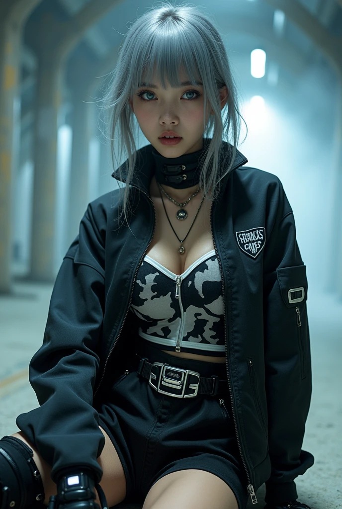 (nsfw:1.4), masterpiece, Best Quality, Realistic, A mysterious and sophisticated beautiful model, identity hidden, all body shot, with blue eyes wears futuristic and sexy fashion art. 18-years-old, beautiful and sexy Japanese girl is climbing at a wide angle, sitting and random posing, with her full body in frame. She has an ultra-slim waist, large firm breasts, a large-sized buttocks, showcasing sculptural beauty. gray arranged hair, light color eyes, Realistic skin, Detailed face, , small head. /// dressed in a striking white and black military print bodysuit paired with a sleek black leather belt with a futuristic metallic buckle and low-rise black sweat Knee-high skirt with zipper accents. She wears a sheer black mesh bomber jacket adorned with white and black military patches, chunky black high-cut Sneakers with silver hardware. Her look is fierce and bold, complemented by black fingerless gloves with white LED lights and high-tech accessories. adding an edgy attitude. Her outfit is completed, merging functionality with style. exuding a hint of rebellion, embodying the essence of future street-chic fashion. The wear hugs her body tightly, accentuating her curves and digging sensuously into her skin, /// small head and face, Detailed wide Duck mouth, half open mouth, perfectly aligned teeth, perfect beautiful wide teeth, light blue eyes, half open eyes, shiny Droopy eyes, looking other, /// She is situated within the interior of a futuristic colony, in the deep night, with mist drifting and steam rising from concrete