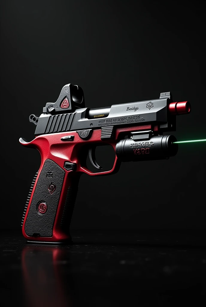 Black and red devil pistol with silencer and laser.