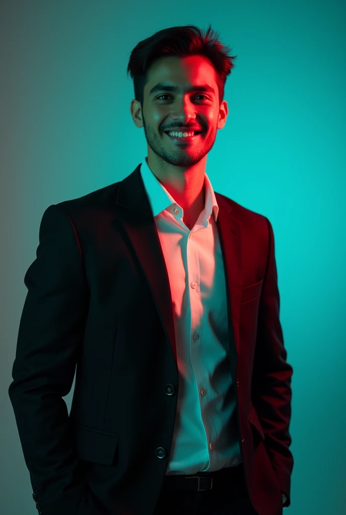 +
A young man with dark hair and a confident smile. He is dressed in a black blazer over a white shirt. The man is positioned against aqua colour backdrop with a subtle red lighting on the left side. and he posing for Linkedin profile