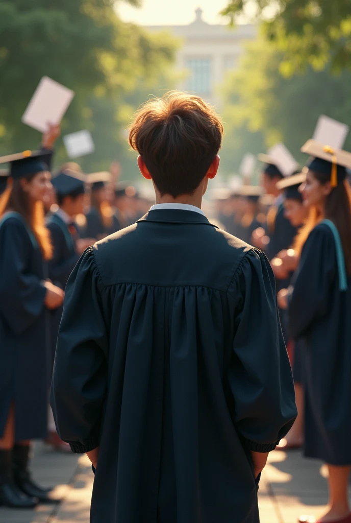 boy alone looking other students happy with degree