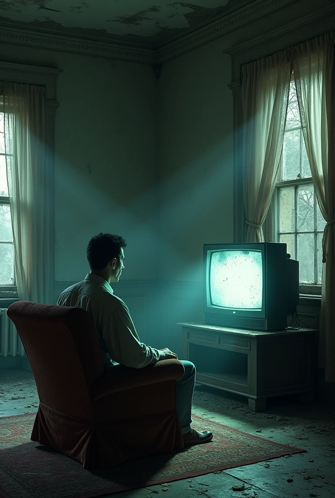 derelict house, man sitting in an armchair next to a TV