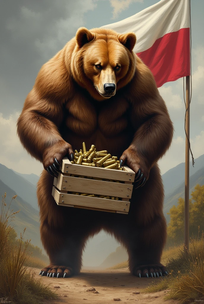 A brown bear carrying a box of ammunition, with a Polish flag in the background, in historical painting style
