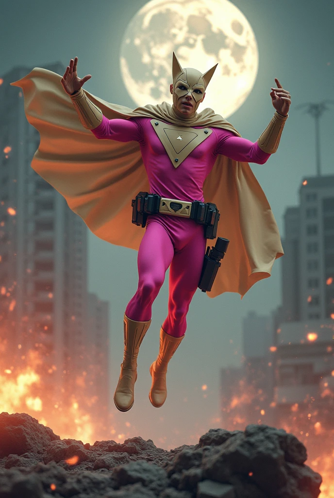 Malaysia man in high-tech suit, vivid effects, malaysian superhero(( (KELUANG MAN)) in a striking pink and brown beige costume cyberpunk design((, mask small mini bat ear beige,)) daredevil beige mask, jumpsuit dark pink stands confidently in a dramatic.jumping from high place.hero costume.one hand rise up. (Big triangle logo on the chest.high detail Punisher logo on the chest)). jumping from hight place. Fighting pose , stormy landscape. ((Head covered node guard like batman. Running pose , athletic body type, small mini ear bat mask))The character wears domino mask a helmet with pointed mini torn ears and a flowing cape biege, open nose and mouth. Equipped with visible futuristic weapons on a belt,bullet proof jacket pink dark day.show fingers pose, dark night, big supermoon effect . Small logo on chest triangle shape small ((mitch gerads punisher ))logo center triangle cyber logo center on chest pink logo mini logo Casey Jones mask on the logo on chest. )). rocky. Building top.smoke ground , bomb effect background, losse pants, losses costume.adding to --ar 3:4 --style raw --stylize 500 --v 6.1. chaos. Lot of small flying bat. One leg on the high stone. Man. Backpack . Real man age 40 year old. One hand holding belt. Jump from high place. Open cape.