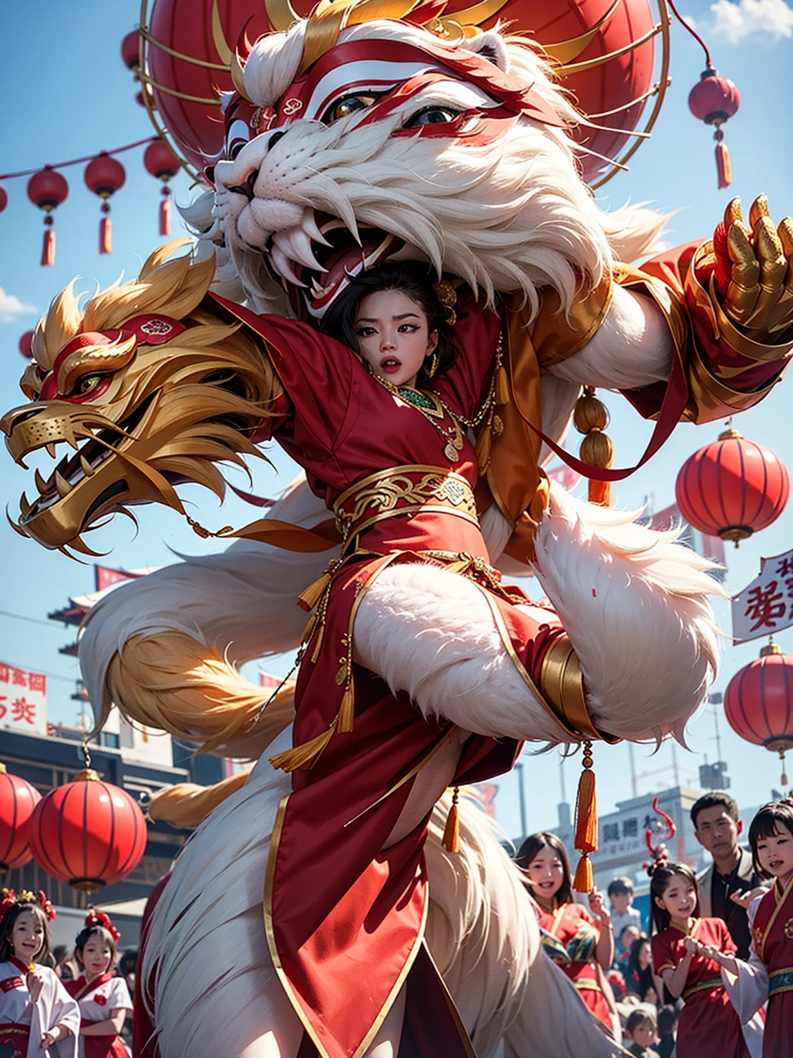 Pictured is a wonderful Chinese lion dance performance。The stage setting faces the traditional courtyard,Big red lanterns hang high。The center of the image,The majestic lion dance performance is ready。It is tall and powerful,covered in red fur,Red body decoration、Green ornaments。The lion head is lifelike,Eyes are very flexible,Stare ahead。Lion bites firecrackers,It symbolizes the power of celebration and the power of destruction。 Two dancers performing lion dance。They wear uniform clothes,Precisely coordinated movements。Dancer in red robe,Dance stick,Lion Dance,Demonstrating the strength and power of the lion。The back dancer manipulates the lion dancer's tail,Follow the Lion Dance,Flexible and elegant。 The audience was excited,The audience applauded and cheered continuously。They watched every move of the lion dance carefully.,Full of joy and excitement。The whole picture is filled with joy、Joyful atmosphere。Bright and colorful,Makes you feel like you are in a happy festival,It shows the unique charm and splendor of lion dance performance in Chinese culture。