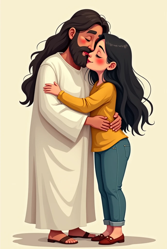 Create a cartoon of a woman with long black hair, Round face, round nose with a mustard-colored blouse and jeans standing hugging Jesus Christ, the clothes of Jesus Christ are white
