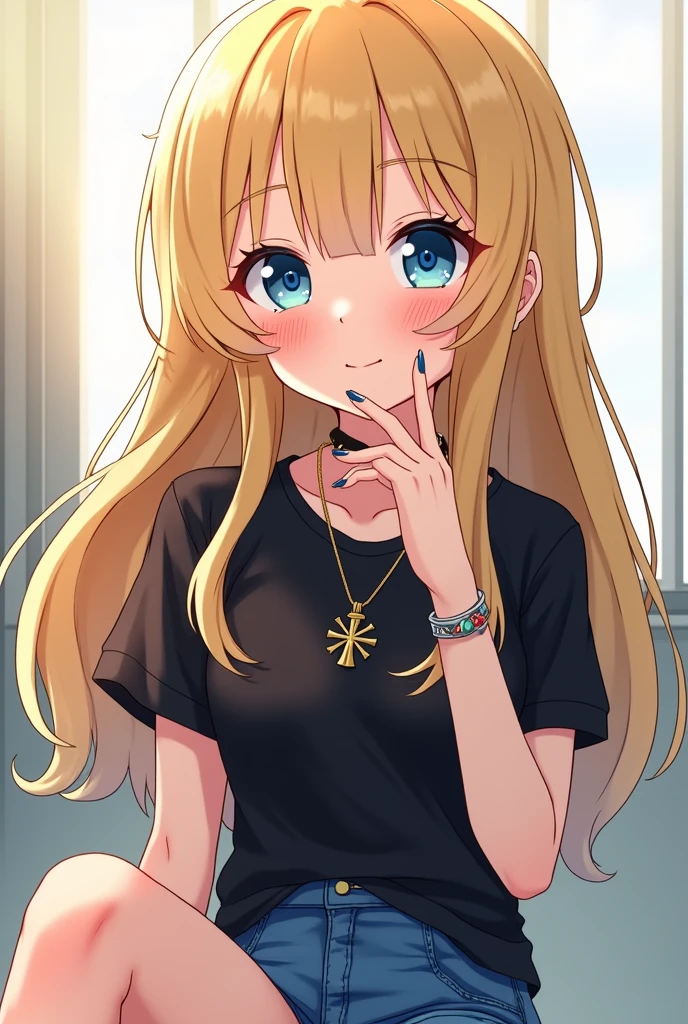 blonde girl with a beautiful manicure with long nails in a black T-shirt in blue shorts with blue eyes 4k photo in anime style