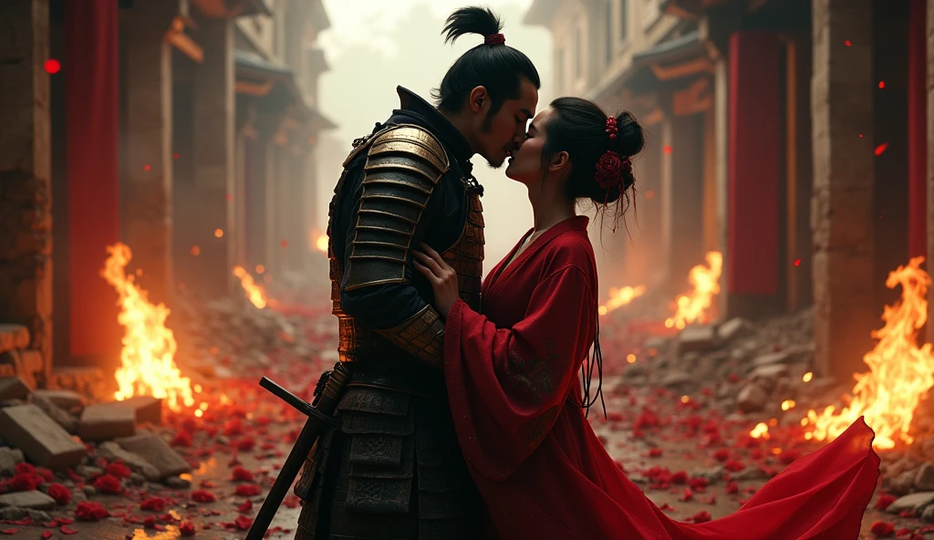 1890; (masterpiece, best quality) destroyed city roses on the floor(Villa in Tokyo); flowers on the ground; 1Japanese Samurai soldier kissing his Japanese wife(close-up); fire around.