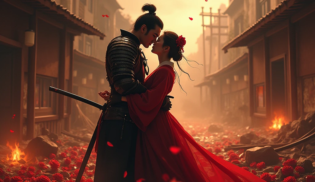 1890; (masterpiece, best quality) destroyed city roses on the floor(Villa in Tokyo); flowers on the ground; 1Japanese Samurai  soldier kissing his Japanese wife(close-up); fire around.